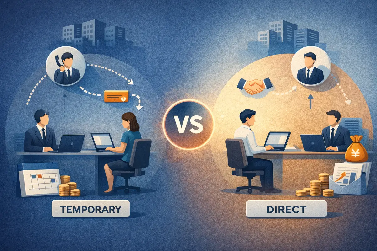 派遣と直接雇用の関係性を左右に分け、契約主体と働き方の違いが視覚的に分かる構成