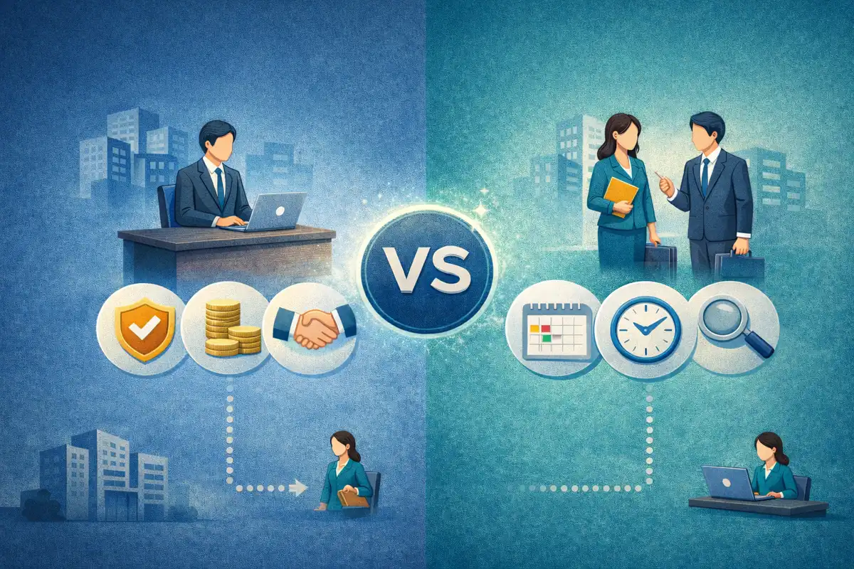 左右に分かれた構図で、安定性を象徴する執務風景と柔軟性を示す対話場面を対比した構成