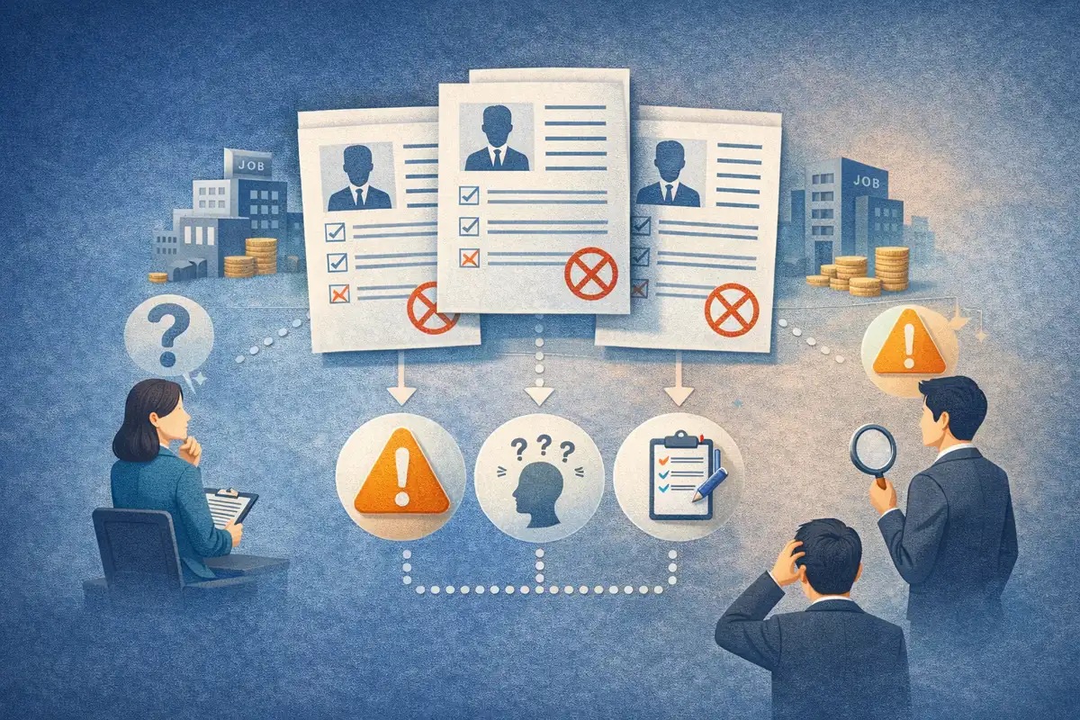 複数の履歴書を中心に、確認や警戒を示す人物と象徴的要素を配置した評価構造が伝わる構図