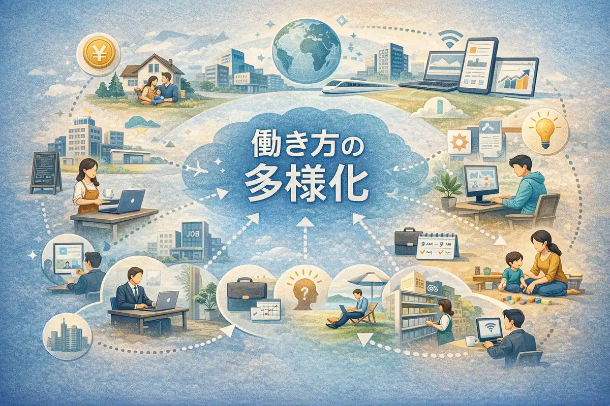 多様な働く場面や環境を象徴的に配置し、社会変化と仕事の広がりを俯瞰できる構図