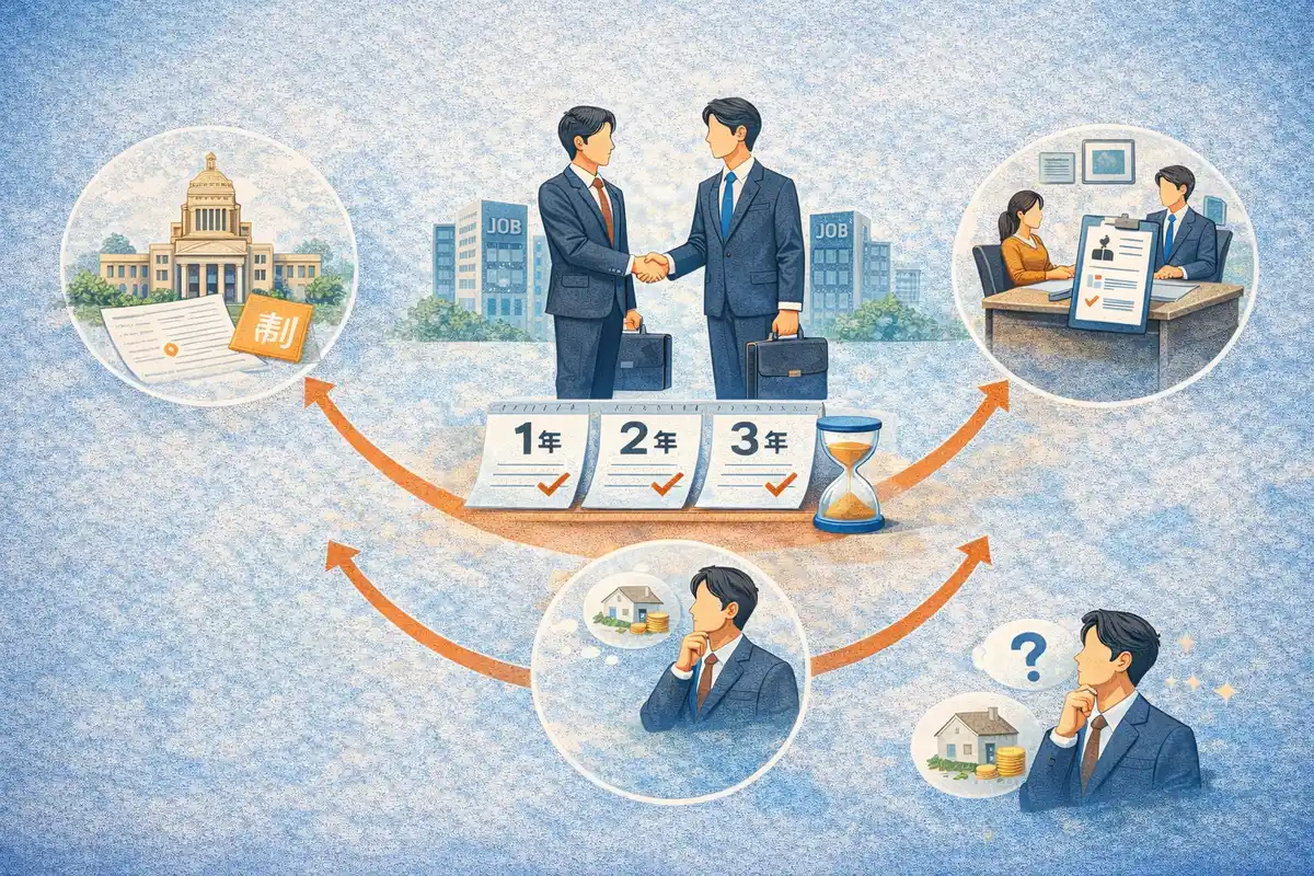 中央の握手と時間経過を示す象徴物を軸に、制度・企業側・個人の視点が循環的につながる構図