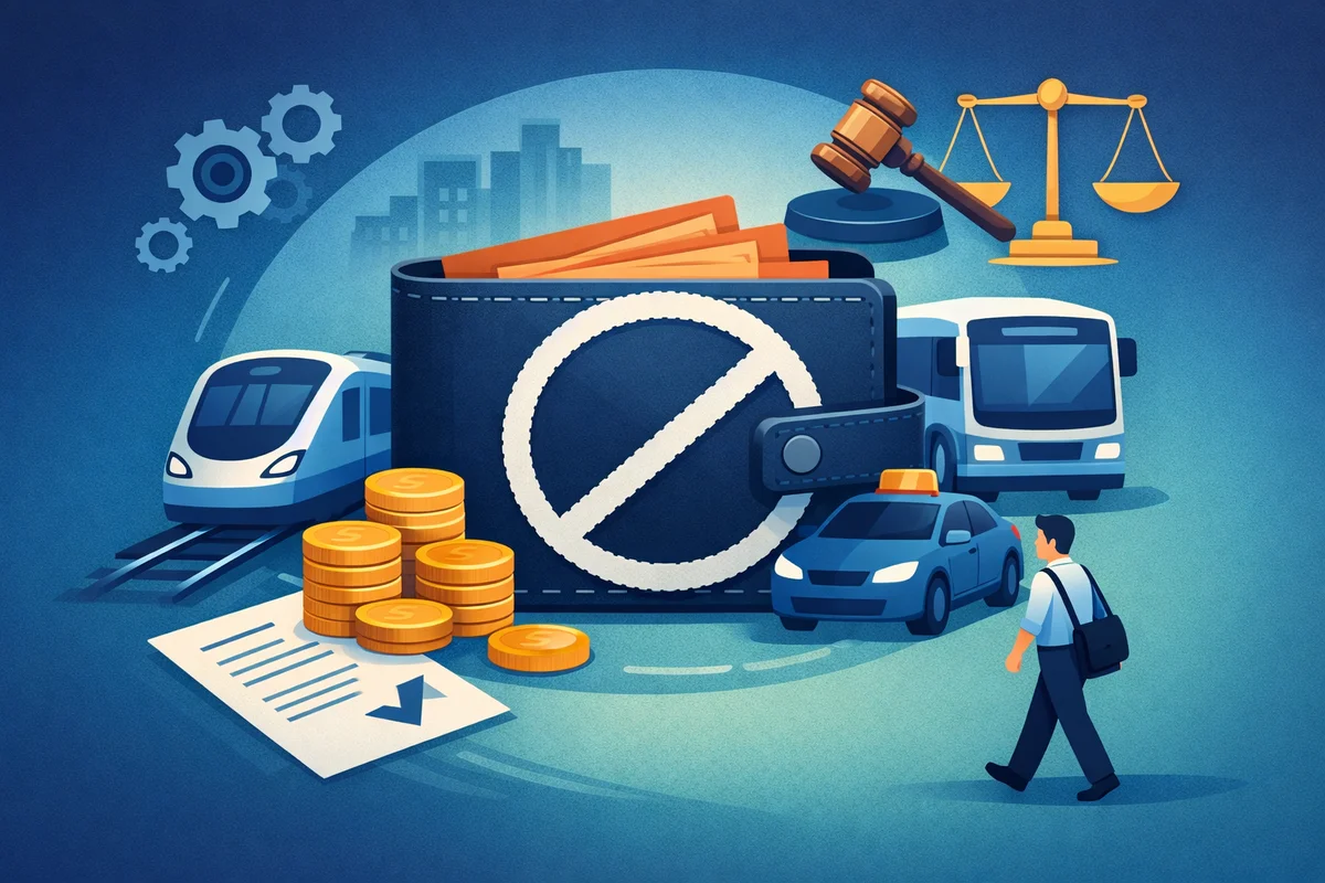 交通費が支給されない状況を象徴する財布と交通機関、制度を示す要素が配置された構図