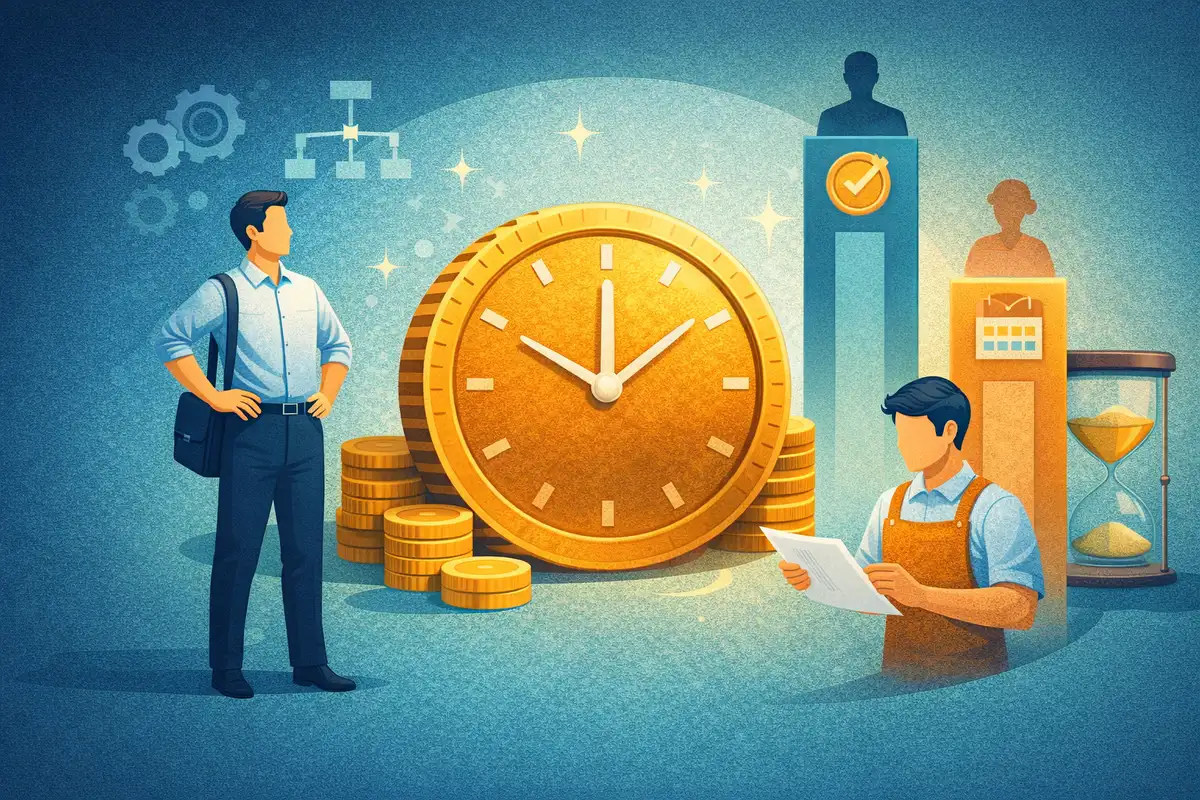 派遣社員の時給が高くなる背景を、時計と硬貨を主役に人物対比で示した構図