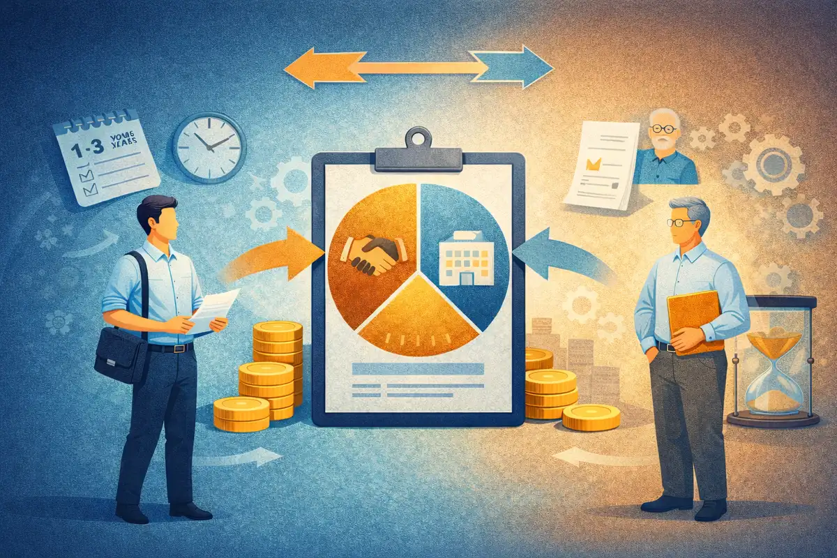 天秤と硬貨を中心に、異なる職種の人物が同等に配置された公平性を示す構図