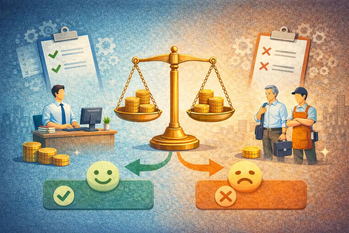 天秤を中心に、条件に合う働き方と対象外となる働き方を左右で対比した構図