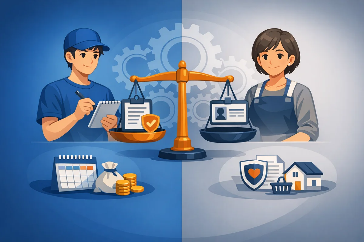 抽象的な秤と二つの作業風景を対比し、雇用形態の位置づけと働き方の違いを示す構図を整理