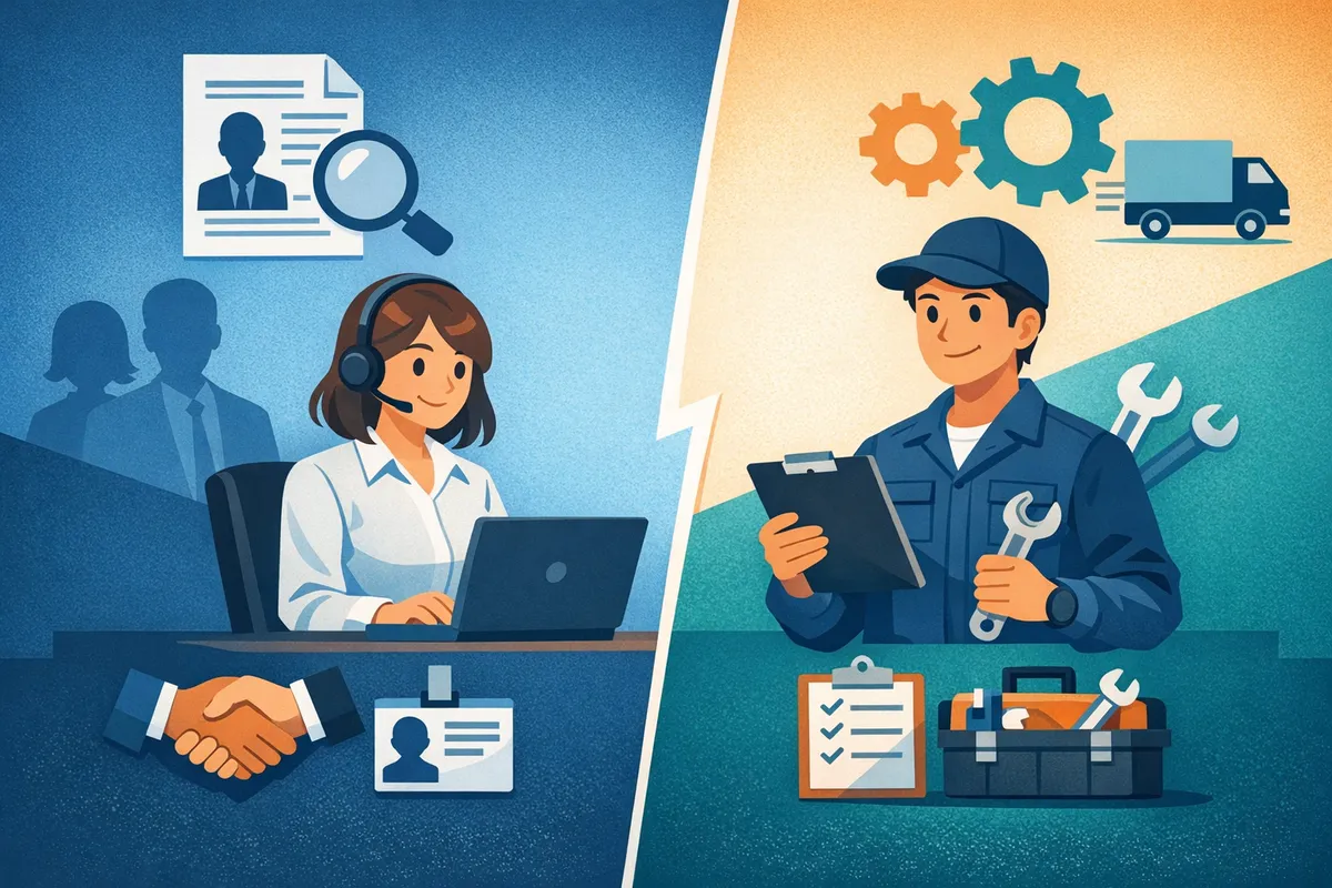 机で作業する人物と道具を持つ人物を対角に配置し、働き方の構造差を象徴した構図。背景は色面で整理