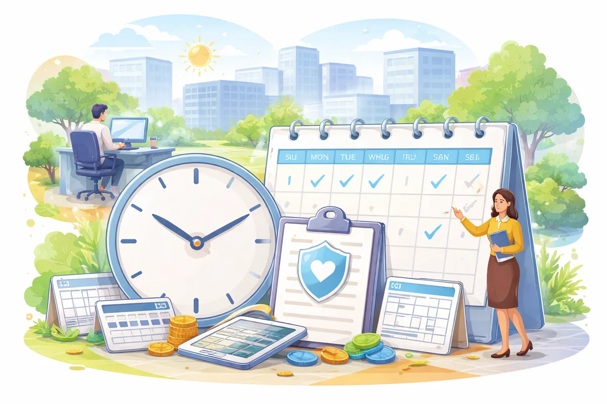 週を示すカレンダーと大きな時計、手前に保険書類が配置された奥行きある構図のイラスト