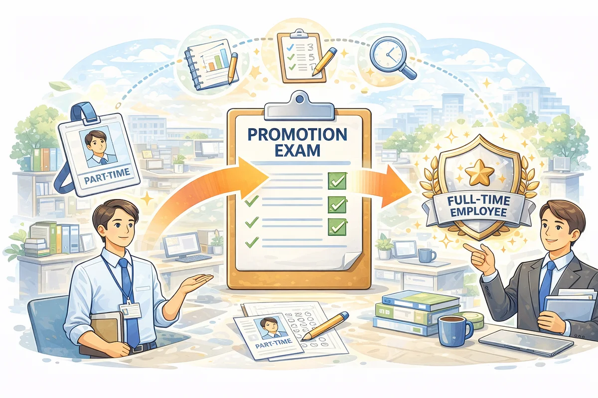 中央に書類と盾のモチーフが置かれ、人物とオフィスが奥へ広がる単一空間のイラスト