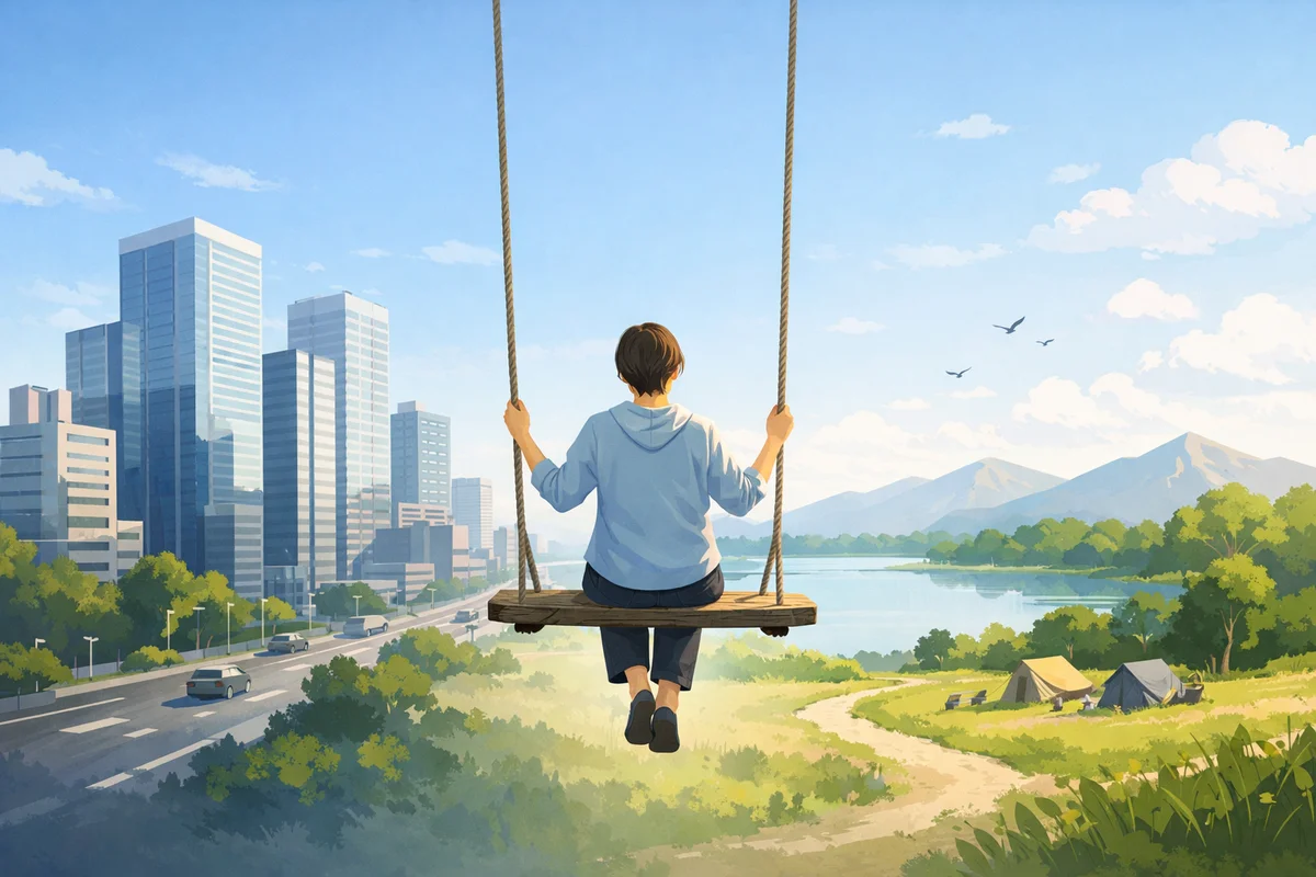 ブランコに座る人物の背面と、奥へ続く都市と自然が一つの空間に広がる構図