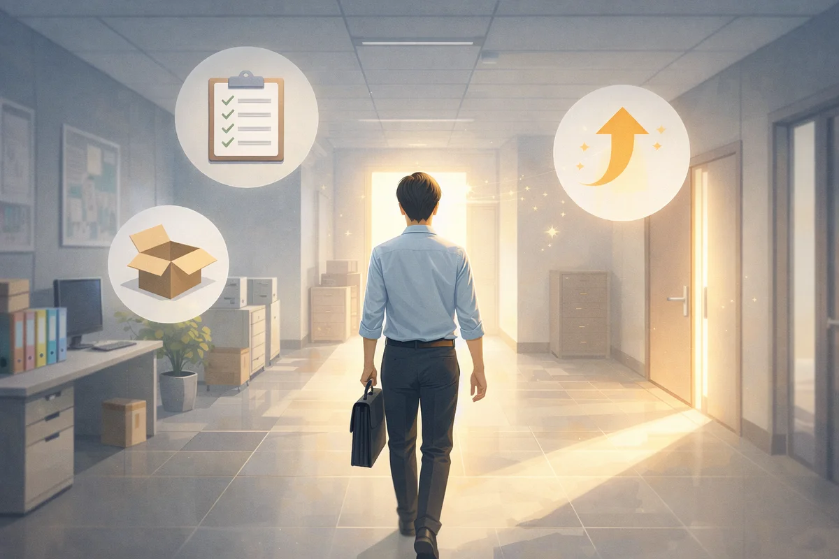 光が差し込む廊下の奥へ歩く人物と、周囲に象徴物が浮かぶ奥行き構図