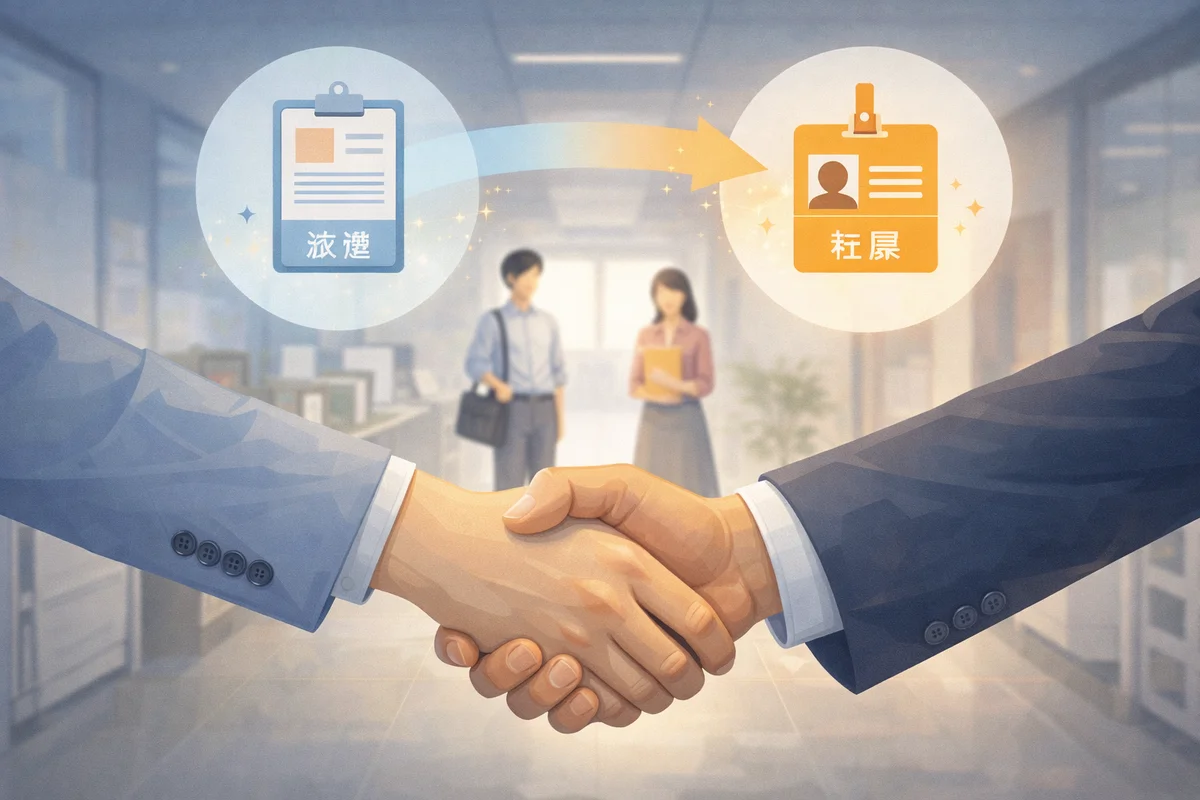 手前で握手する両手と、奥にオフィス空間と人物がぼかして配置された奥行き構図