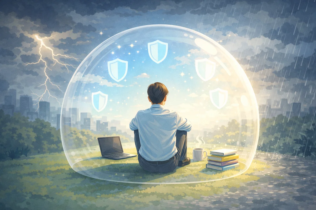 透明なドーム内に座る人物と、奥に街並みと空が広がる一体空間の構図