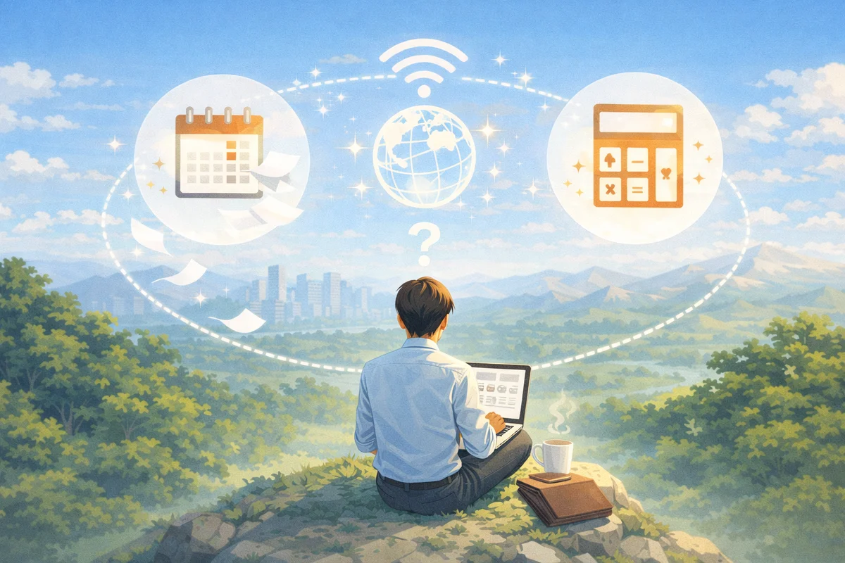 丘の上で作業する人物と、奥に街と山並みが広がる一体空間の構図