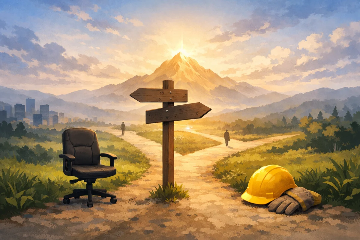 山へと続く道の手前に木製の標識が立ち、奥へ光が抜ける広がりのある風景イラスト