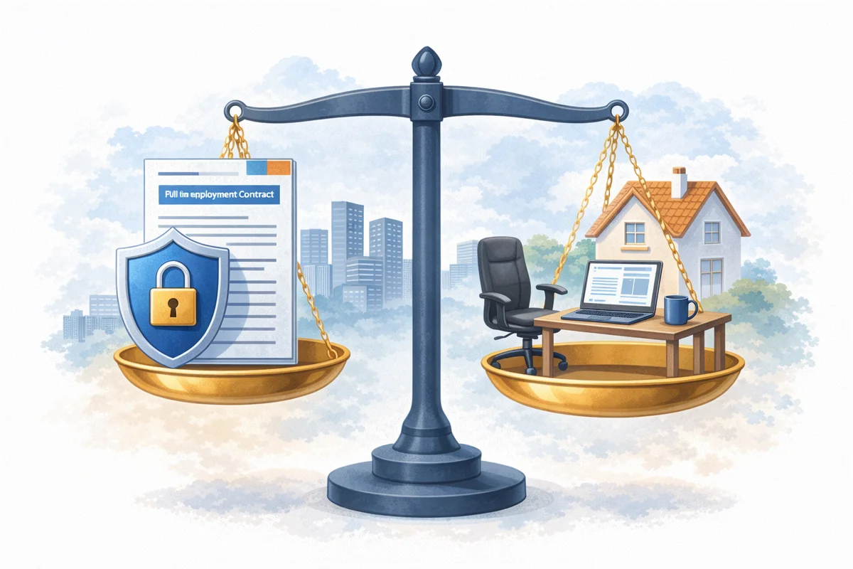 天秤の上に書類と在宅デスクが置かれ、奥に都市が広がる明るい空間イラスト