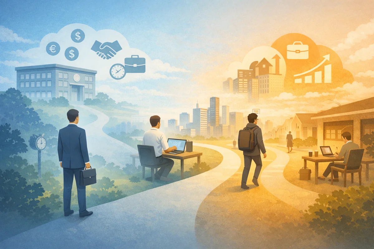 曲がり道の先に異なる働く風景が奥行きで重なる都市空間のイラスト