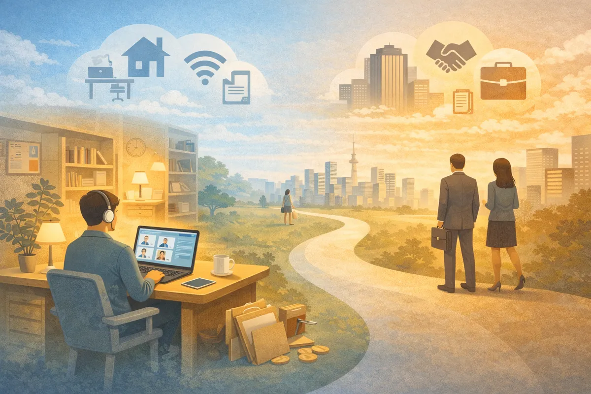 室内の机と窓辺を主役に奥へ都市景観が広がる一体空間のイラスト