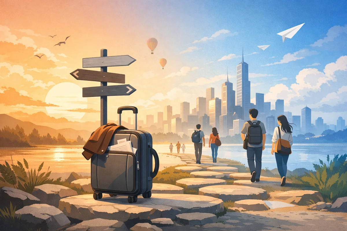 キャリーケースが手前に置かれ、奥へ都市へ続く石畳の道を若者が歩く構図