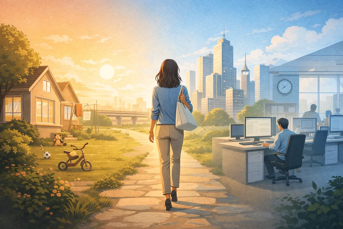 家並みから都市へ続く道を女性が歩き、奥にオフィス空間が広がる構図