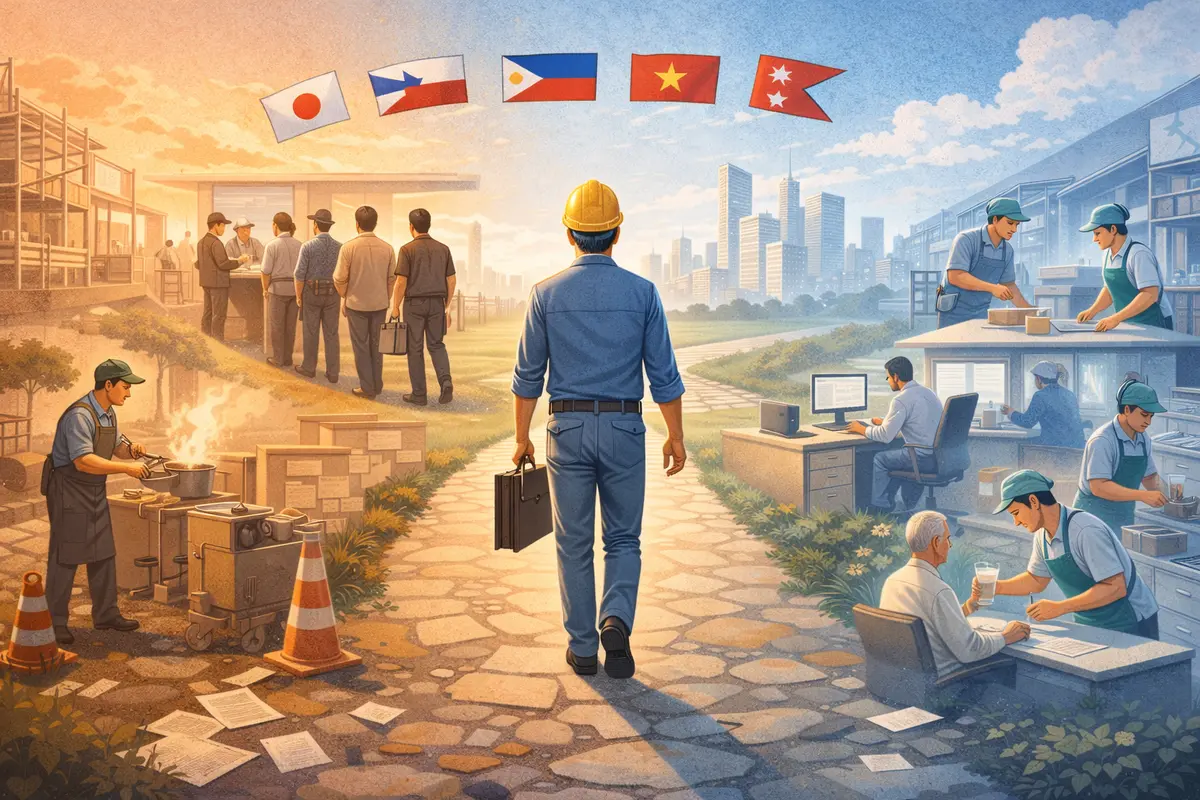 工具を持つ作業服の人物が手前に立ち、奥に都市と複数の職場風景が広がる構図