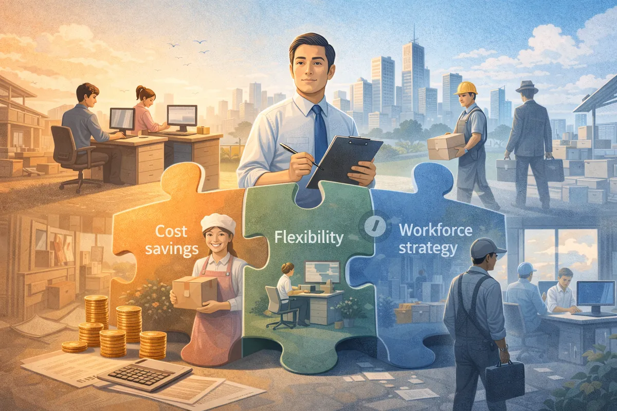 中央に立つビジネス人物の背後に、奥へ都市と多様な働く風景が広がる構図