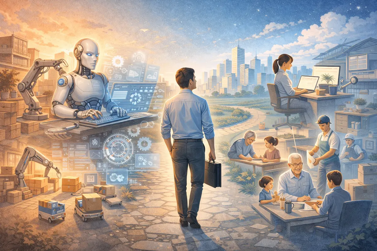 手前に立つ人物の背中越しに、奥へ都市と多世代の働く風景が広がる奥行き構図