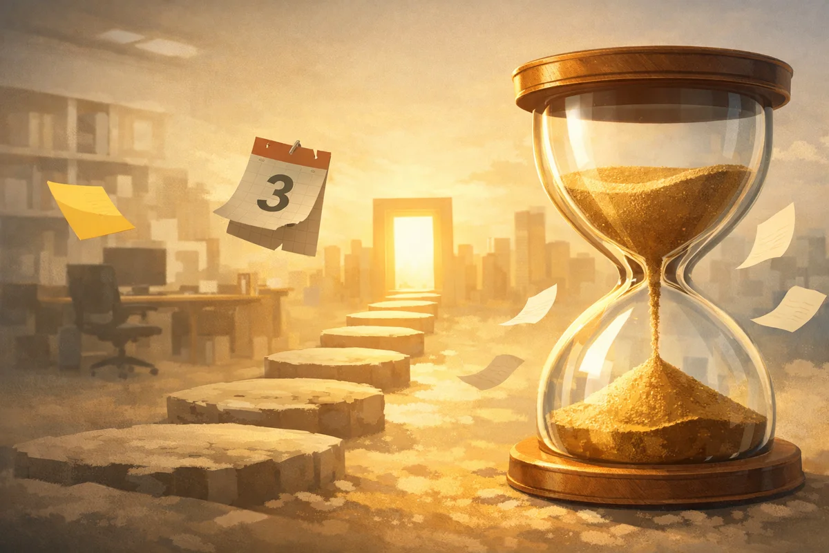 砂が落ちる大きな砂時計と奥へ続く道が広がる静かな都市空間のイラスト