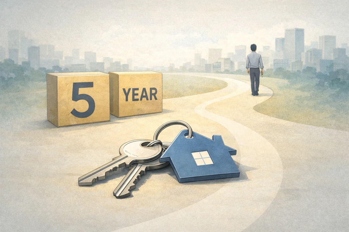 奥へ続く廊下に積み重なる書類の束があり、光が差し込む静かな空間構成