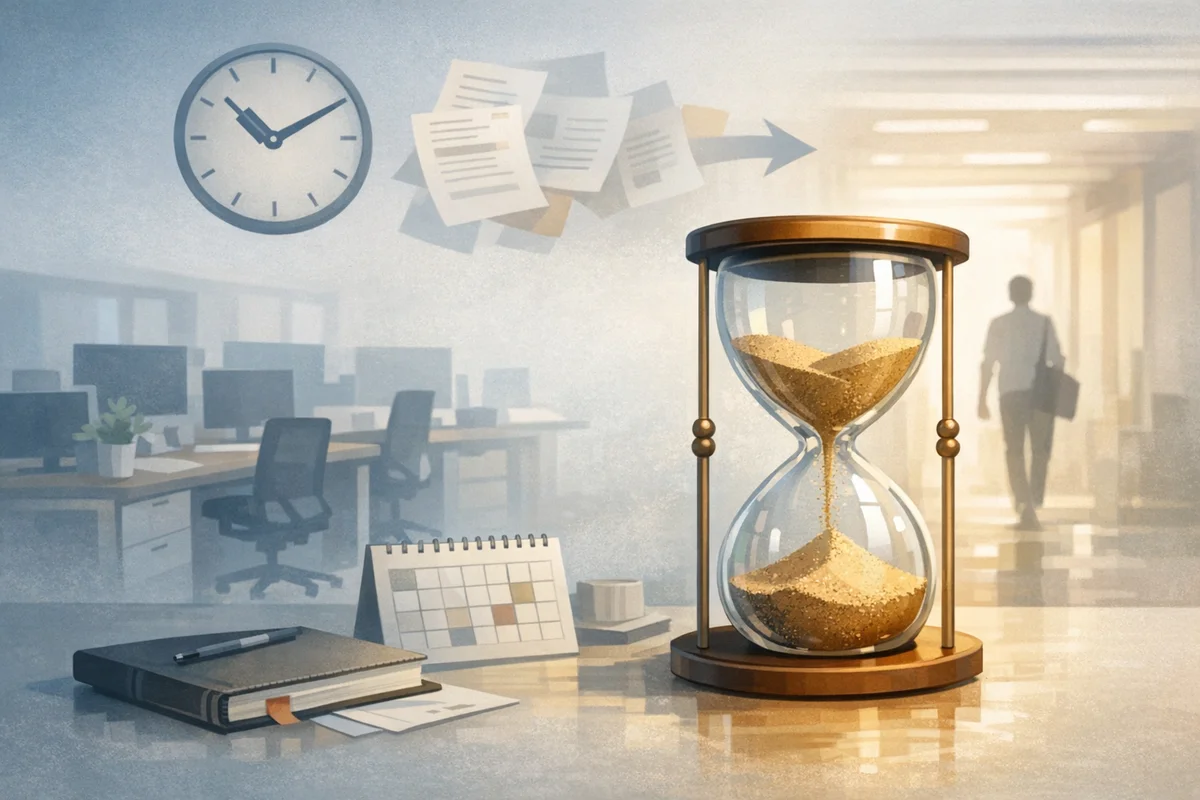 デスク上の砂時計を中心に、奥へ続くオフィス空間と人物が小さく配置された構図