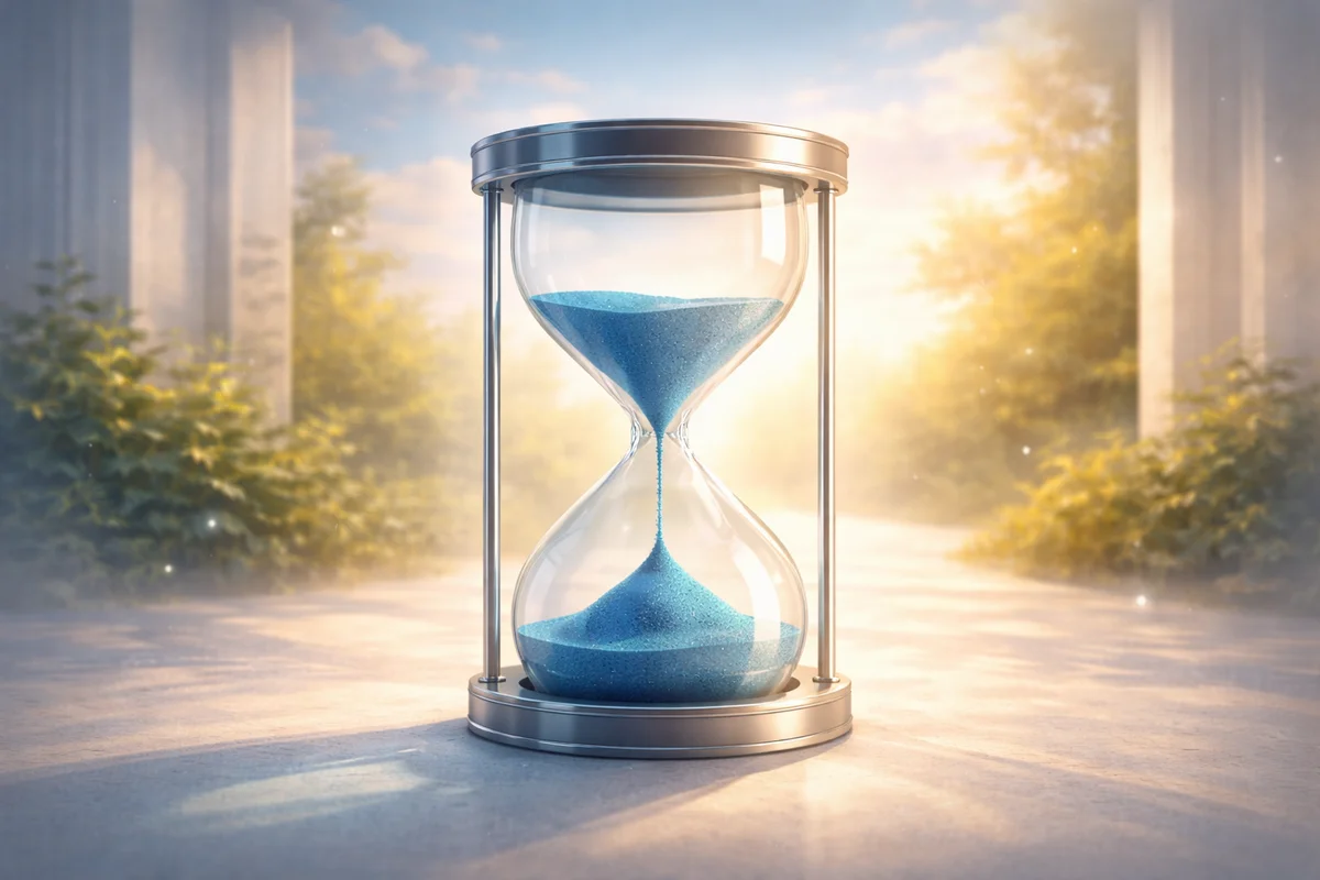 青い砂がゆっくり落ちる砂時計が中央に置かれ、奥へ柔らかな光が広がる横長構図のイラスト