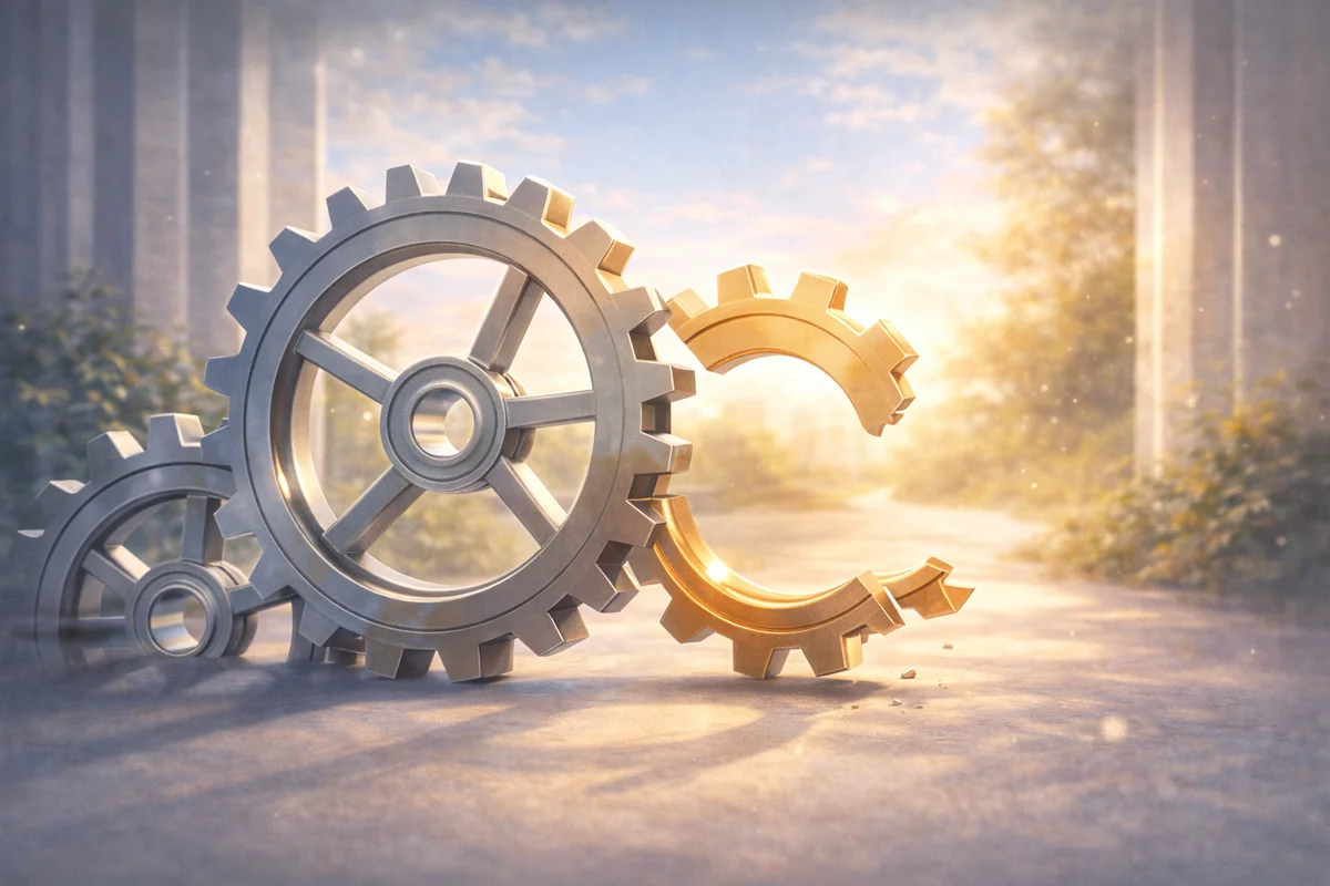 一部が外れた歯車が手前に置かれ、奥へ柔らかな光が広がる横長構図のイラスト