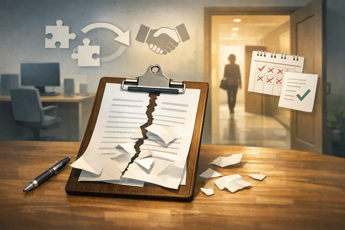 木製デスク上の破れた契約書と奥へ続く通路の人物影が配置された、奥行きのある静かなオフィス空間イラスト