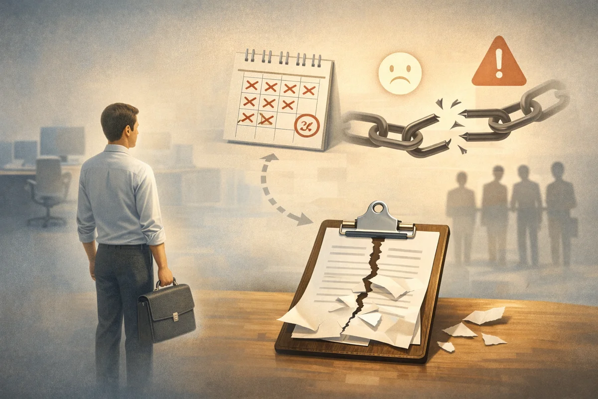 手前の破れた契約書と奥に立つ人物の背中が配置され、静かなオフィスに距離感が広がるイラスト