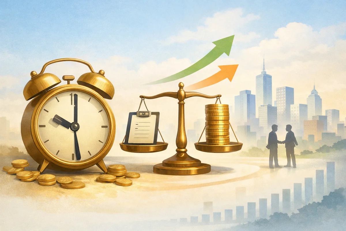 淡い都市の景色を背景に、前景の大きな時計と天秤、積み重ねたコインが配置され、奥へ視線が抜ける構図