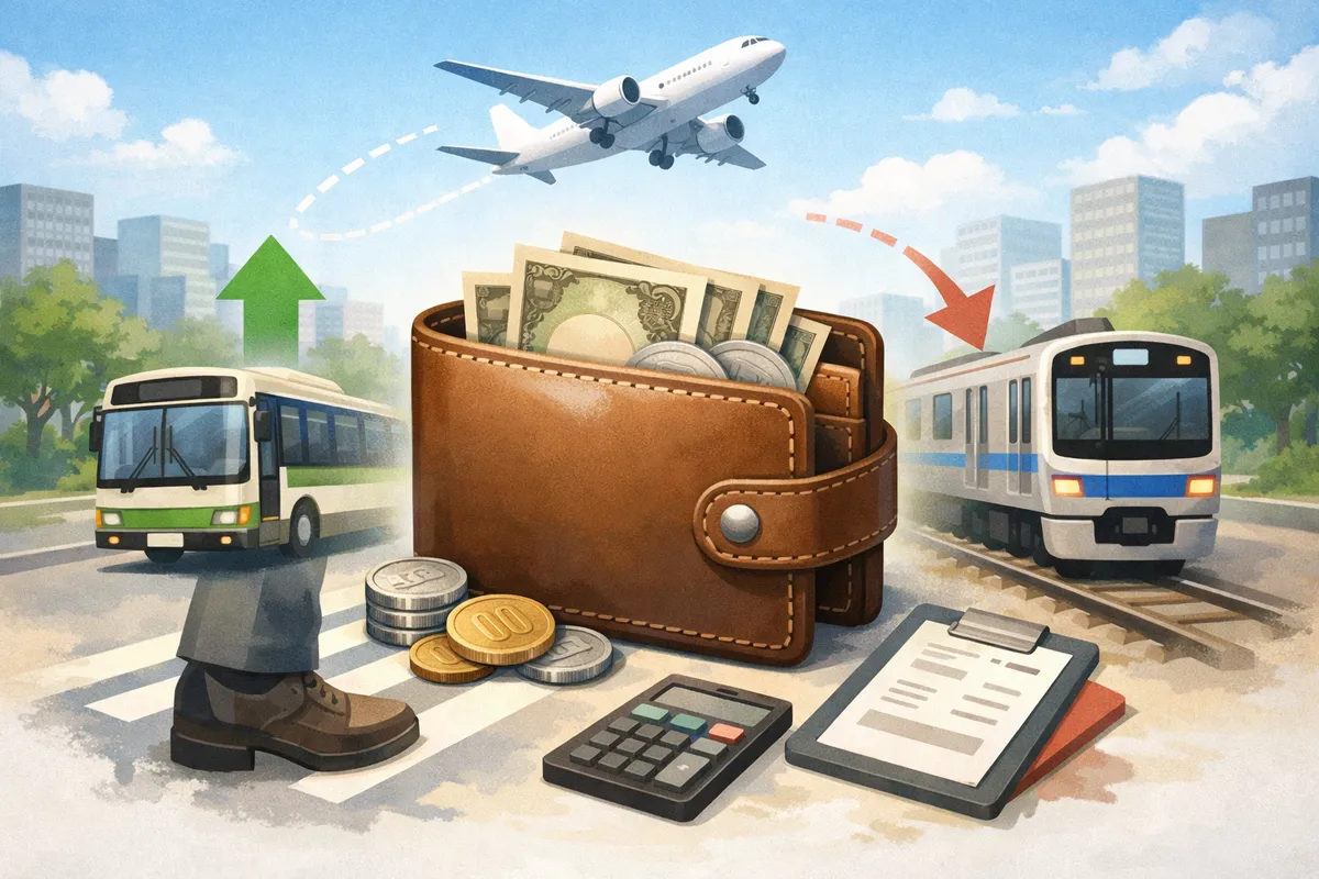 通勤路に置かれた革財布と硬貨、奥に走る電車とバスが広がる都市風景