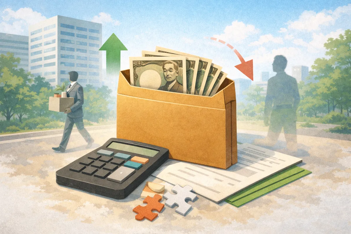 書類と計算機の上に置かれた封筒と紙幣、奥に去る人物がぼかされた都市風景