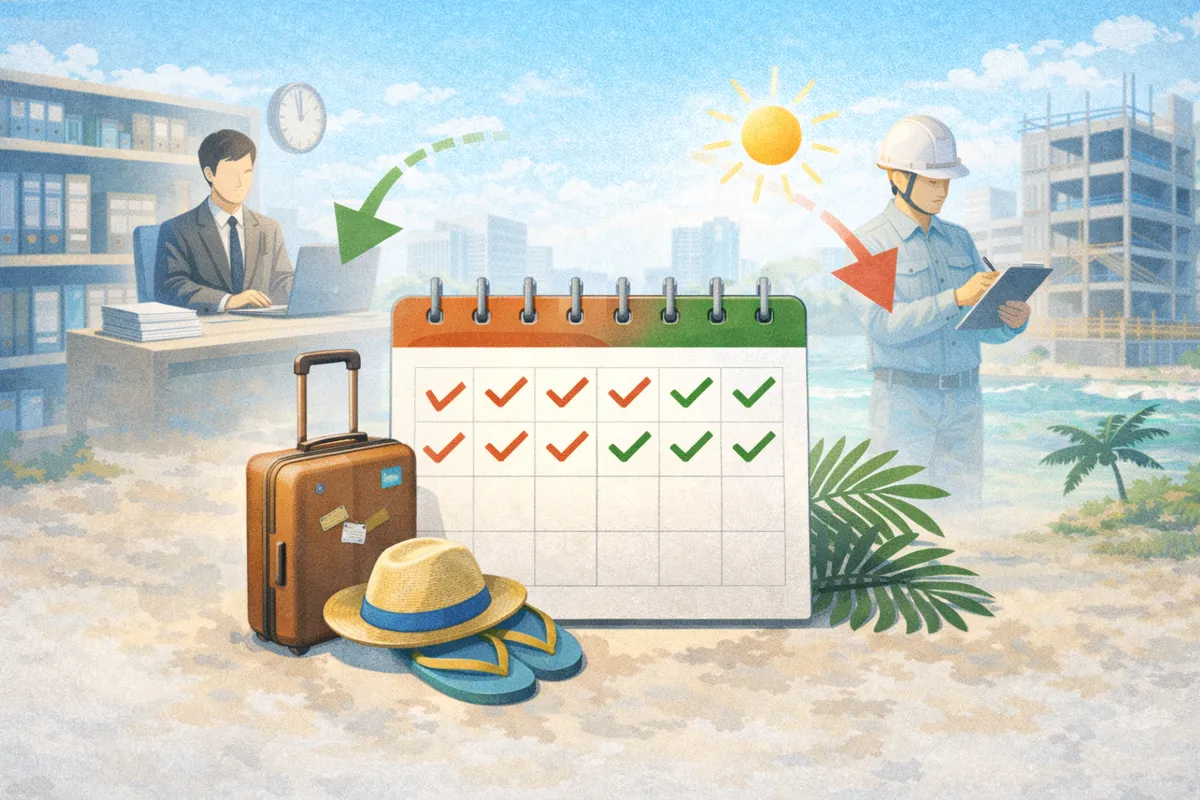 中央に置かれた卓上カレンダーと旅行かばん、奥に広がる異なる職場風景