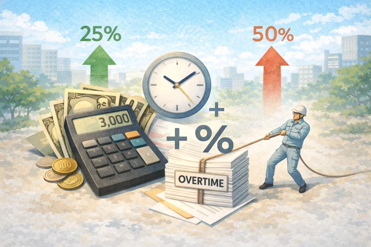 計算機と時計、積まれた書類を引く作業員が奥行きに配置された明るい空間