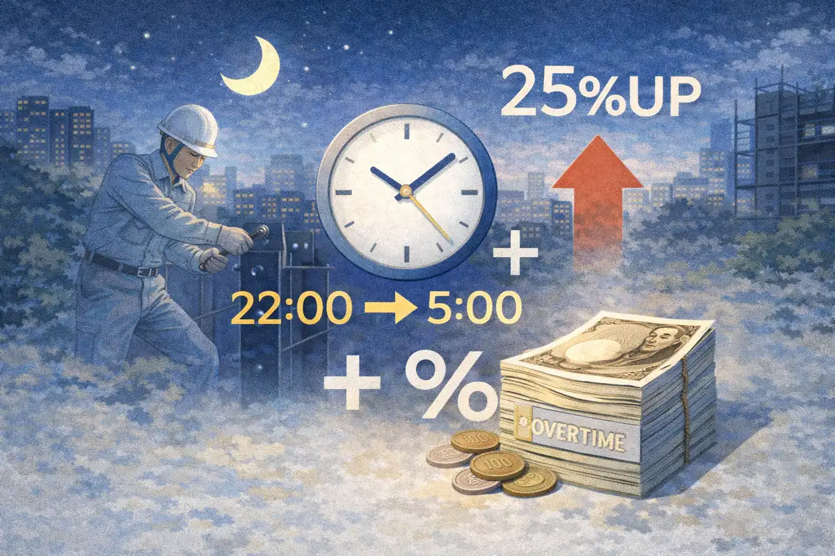 夜の街を背景に時計と紙幣の束が置かれた作業現場の風景