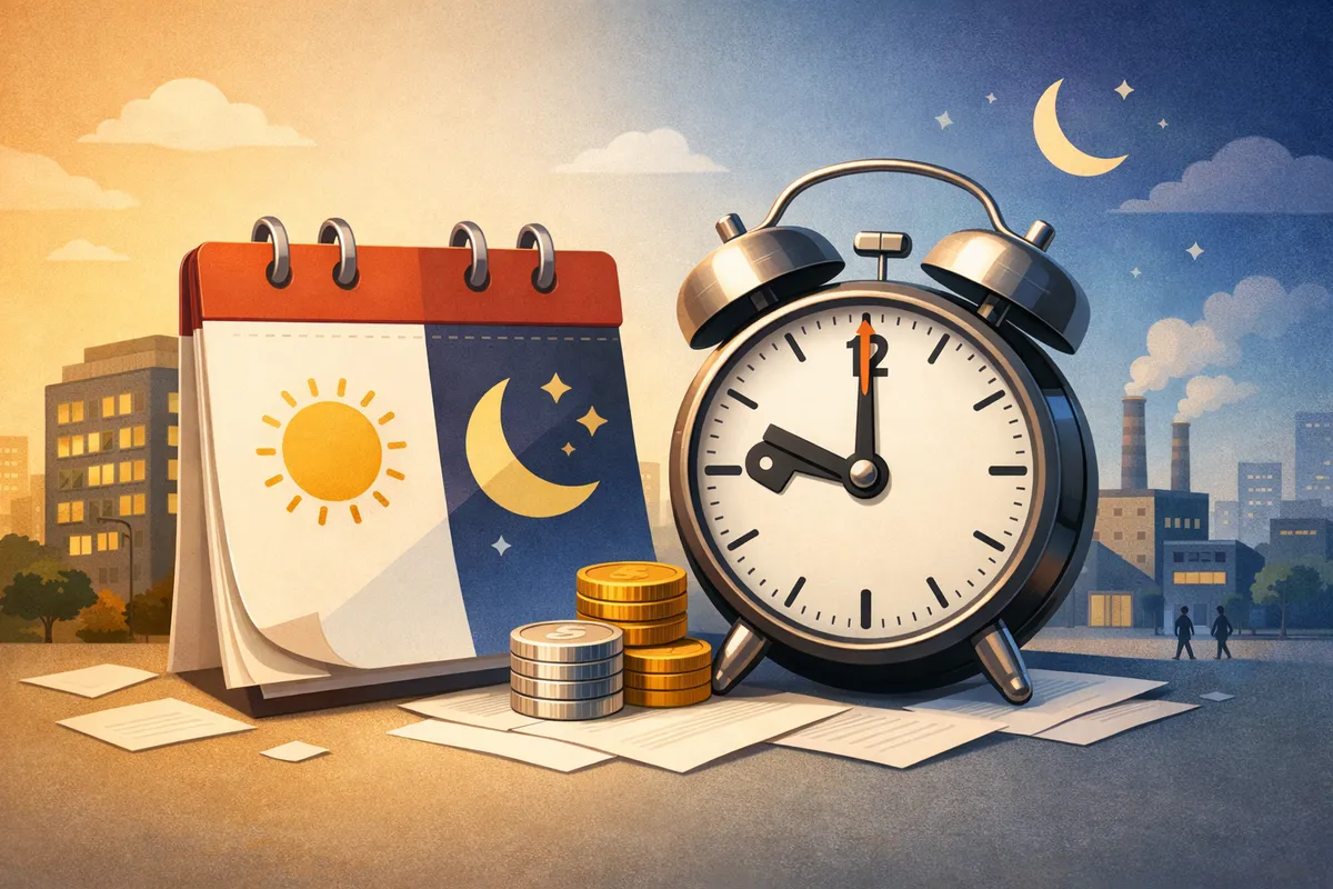 カレンダーと目覚まし時計、硬貨が手前に置かれ、奥へ街並みが広がる奥行きのある構図のイラスト