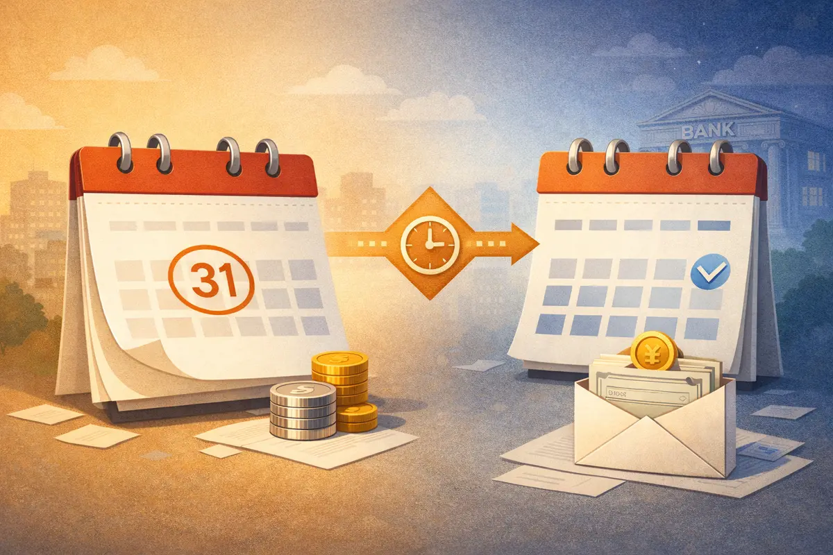 二つのカレンダーと封筒入りの紙幣が奥行きをもって配置された給与支払いの流れを示すイラスト