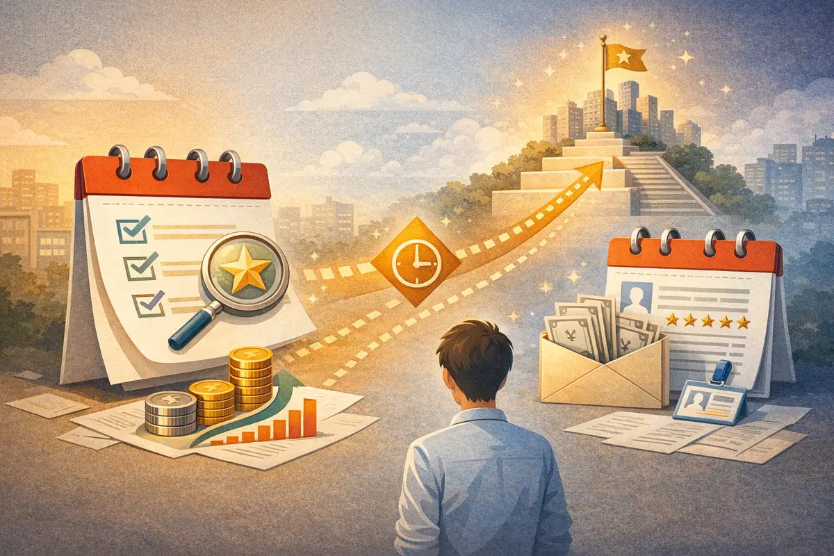 チェックリスト付きカレンダーと封筒の書類が手前に置かれ、奥に階段状の都市が広がる評価制度を象徴するイラスト