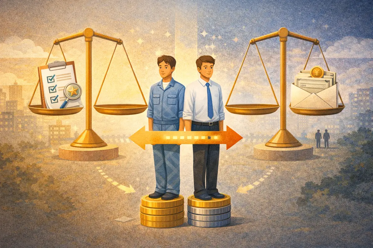 二人の人物が硬貨の上に立ち、背後に天秤と書類が奥行きをもって配置された制度を象徴するイラスト