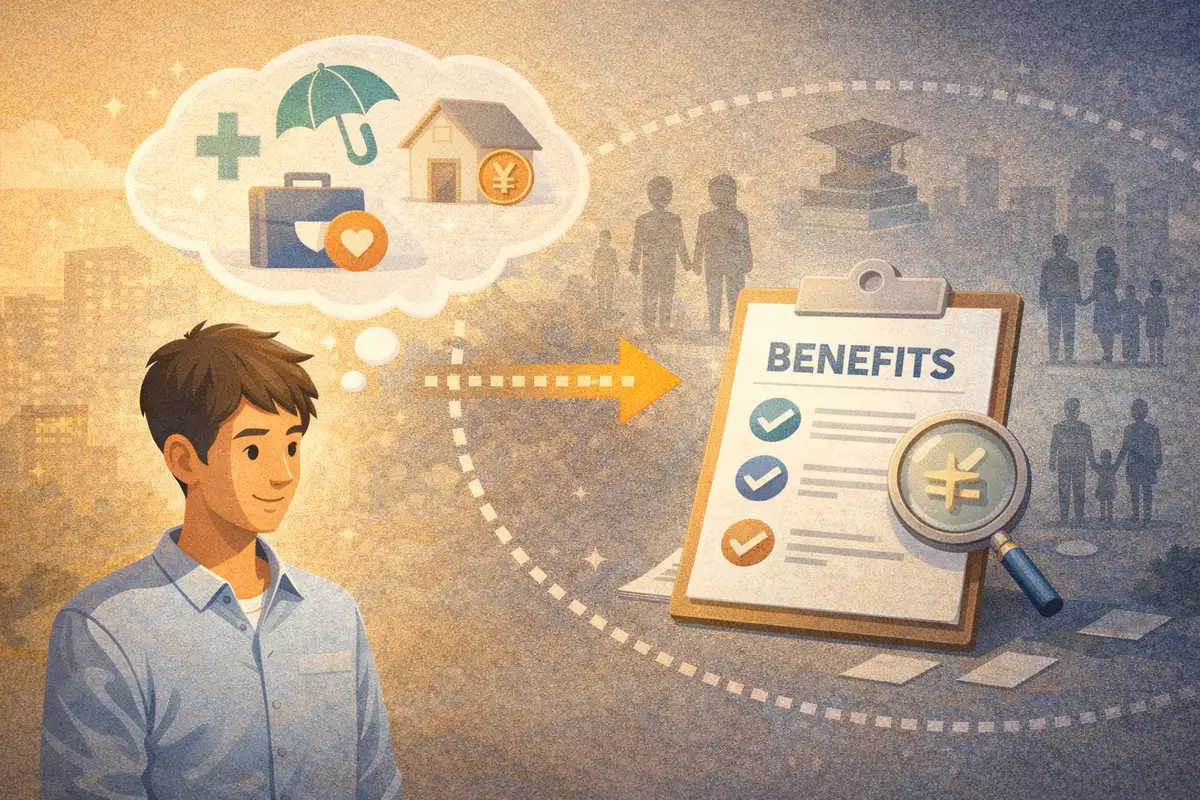 書類を拡大する虫眼鏡と福利厚生を示すアイコンが奥へ広がる空間に配置された構図のイラスト
