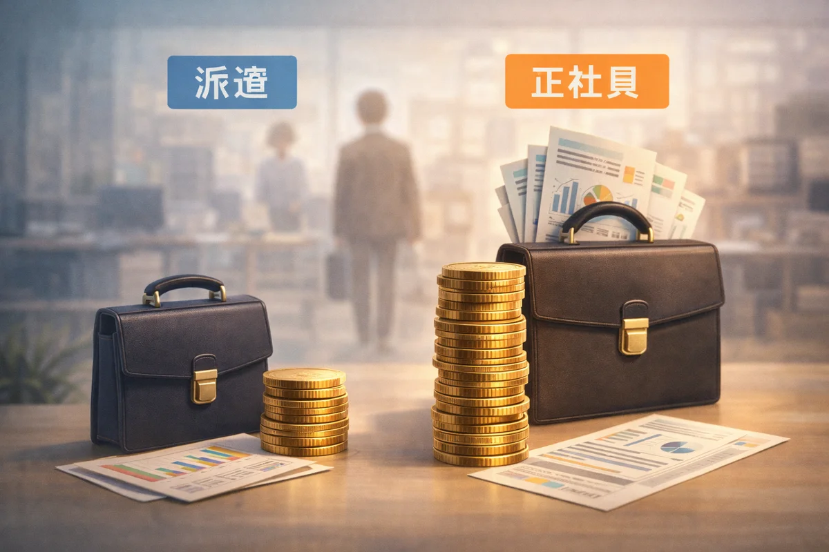 机上に硬貨の山と書類入りのかばんが置かれ、奥へぼけたオフィス空間が伸びる