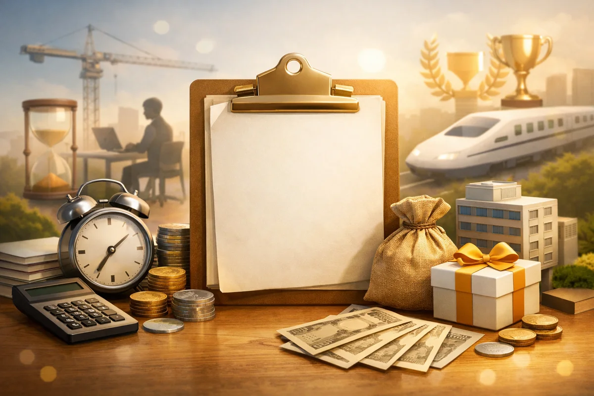 中央に書類を挟んだクリップボードが置かれ、手前に計算機や硬貨、奥に都市景観が広がる奥行きある構図