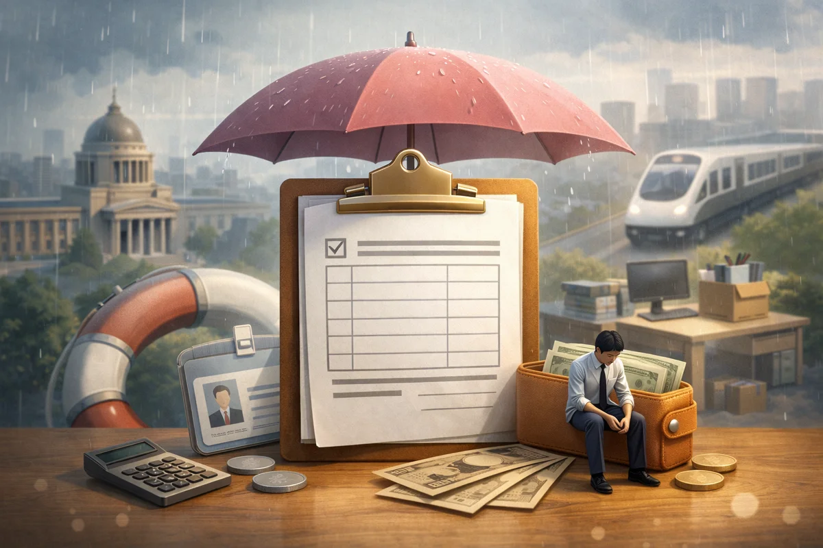 傘に守られた書類付きクリップボードが中央に置かれ、雨の都市風景へ奥行きが続く静かな構図