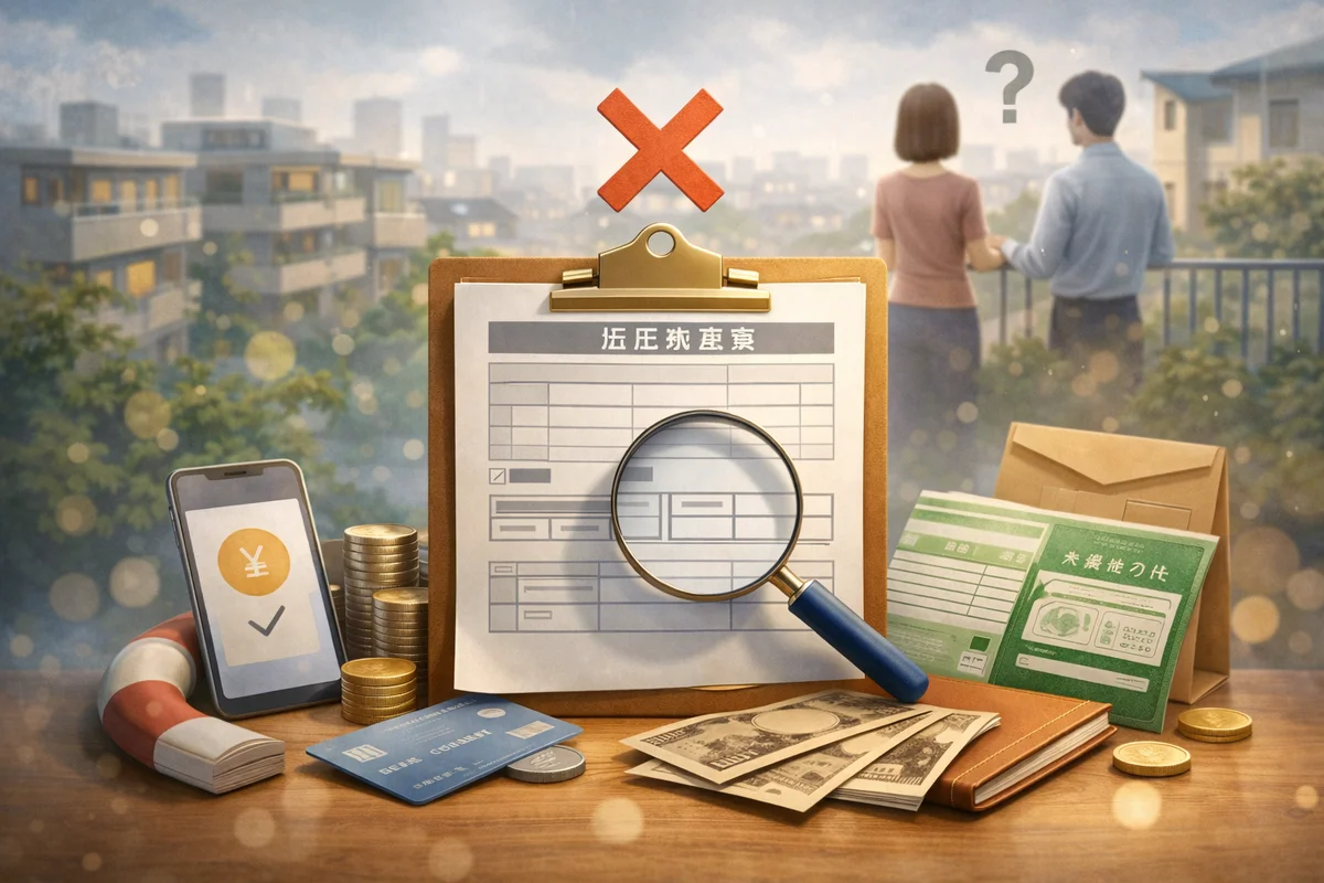 中央の書類と虫眼鏡を主役に、硬貨や封筒が手前に置かれ都市景観へ奥行きが続く構図