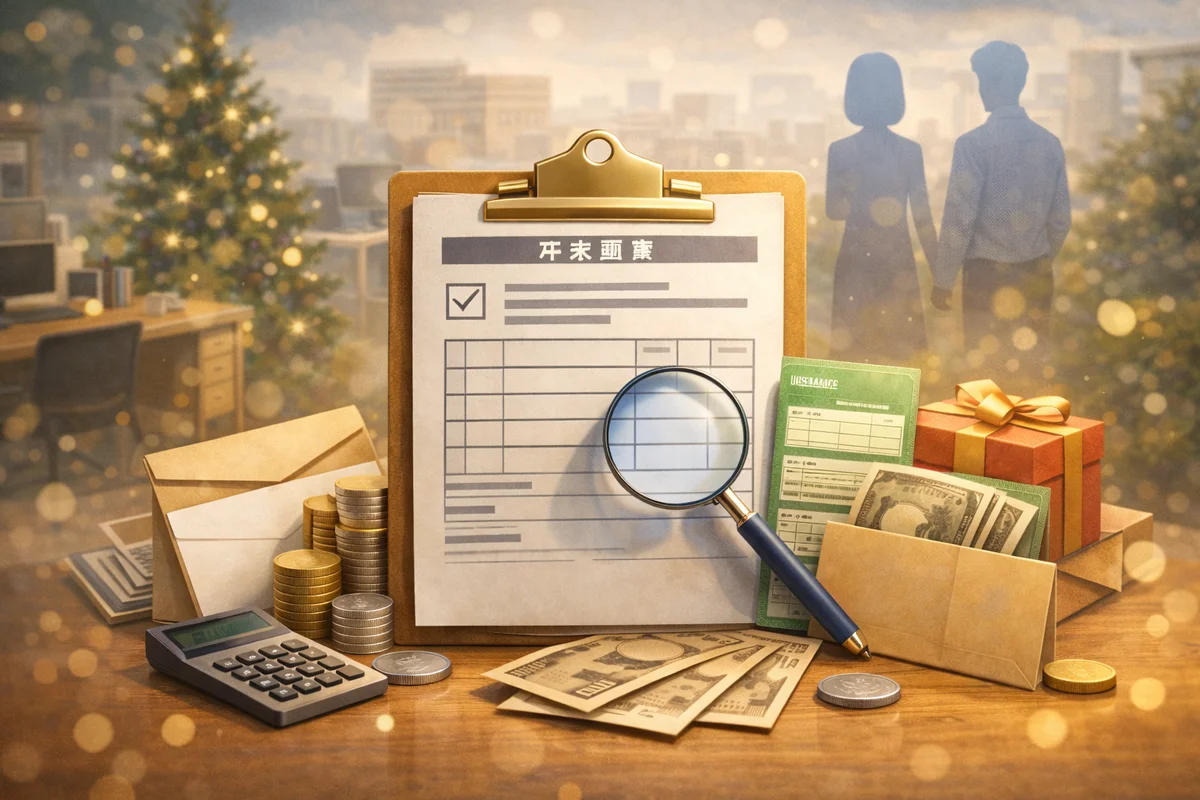 中央の書類を留めたクリップボードと虫眼鏡を主役に、手前に硬貨や封筒が置かれ奥に街並みが広がる構図